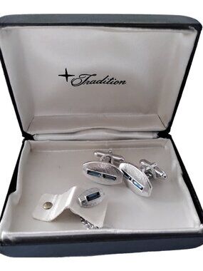 Vintage "Tradition" Cuff Links & Tie Tack Set in Original Case - Silver & Blue